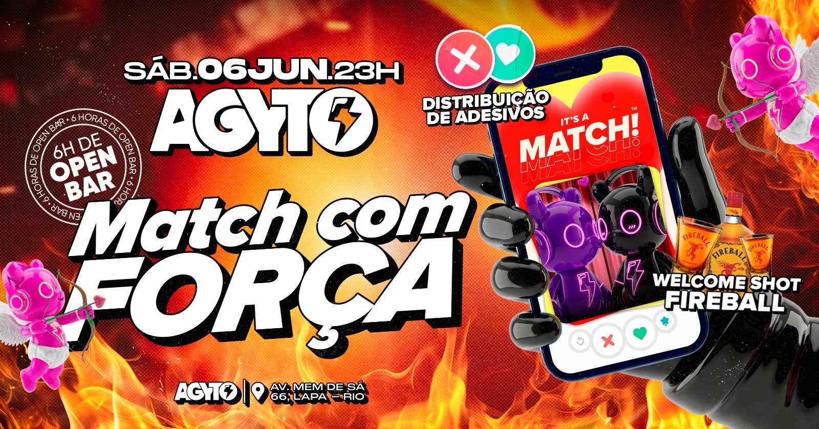 Agyto Match com Força | Open bar + Welcome shot de Fireball | Lapa