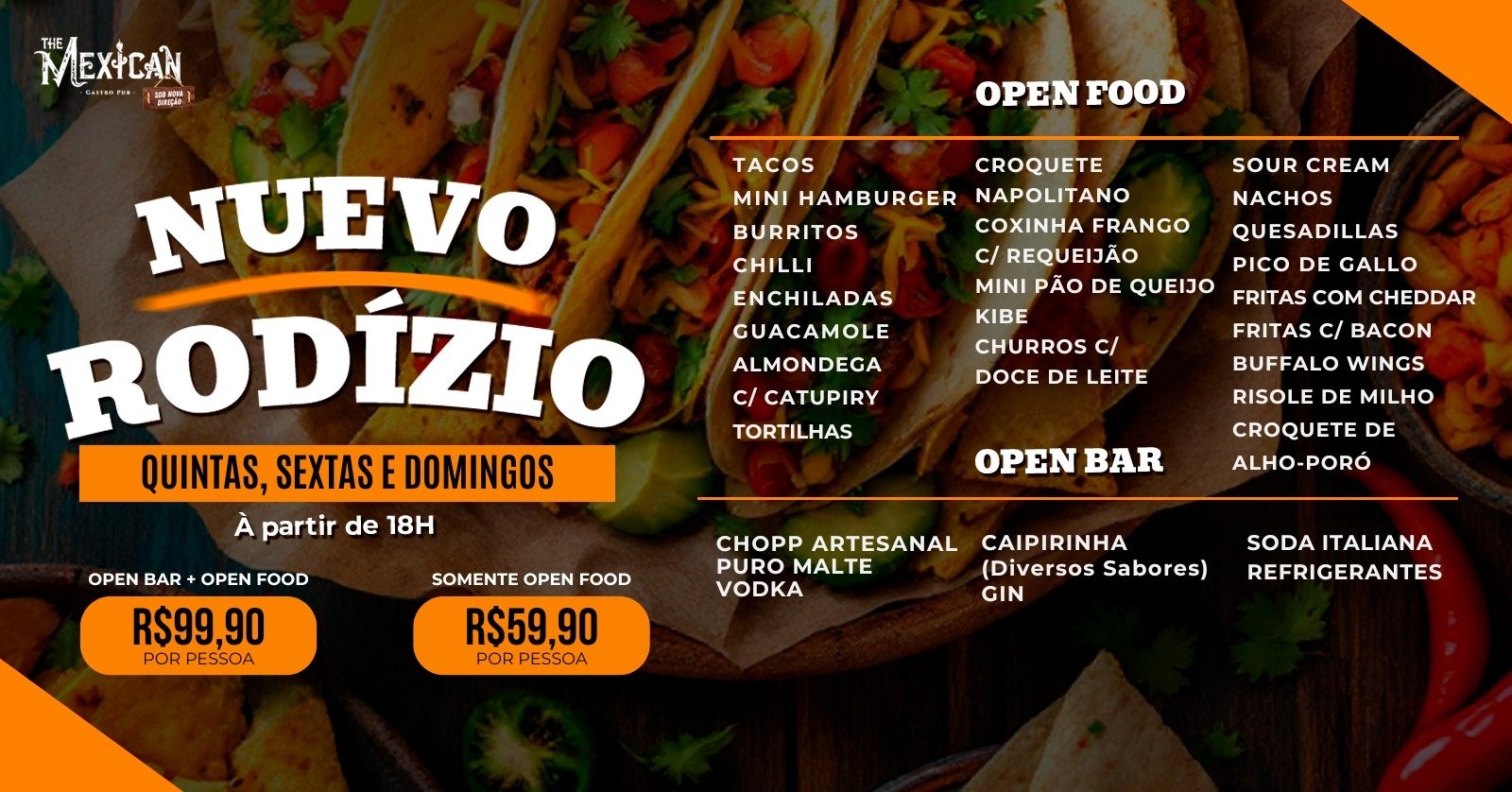 18h Quinta | Rodízio Open Bar + Open Food Completo | com Djs